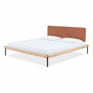 Hnedá/prírodná čalúnená dvojlôžková posteľ z dubového dreva s roštom 140x200 cm Fina - Gazzda