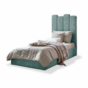Tyrkysovomodrá čalúnená jednolôžková posteľ s úložným priestorom s roštom 90x200 cm Dreamy Aurora – Miuform
