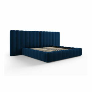 Tmavomodrá čalúnená dvojlôžková posteľ s úložným priestorom a roštom 180x200 cm Gina – Milo Casa