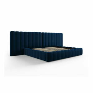 Tmavomodrá čalúnená dvojlôžková posteľ s úložným priestorom a roštom 200x200 cm Gina – Milo Casa