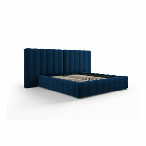 Tmavomodrá čalúnená dvojlôžková posteľ s úložným priestorom a roštom 160x200 cm Gina – Milo Casa