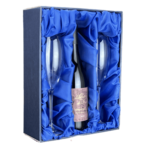 Prázdna darčeková krabica na 2 poháre na šampanské s priestorom na fľašu modro modrá