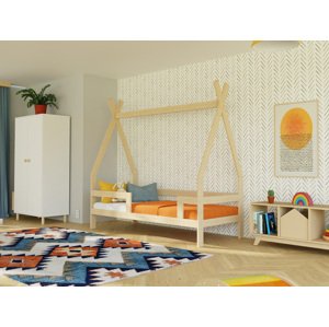 Benlemi Detská drevená posteľ SAFE 5v1 v tvare teepee so zábranou Zvoľte farbu: Nelakovaná, Zvoľte rozmer: 90x160 cm, Zvoľte zábranu: S dvoma zábrana…