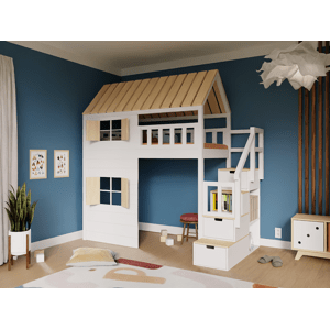 WoodPassion Zvýšená posteľ CHALÚPKA s úložnými schodmi 90x200 cm Zvoľte farbu: Biela, Strana: Vľavo