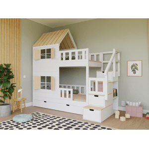 WoodPassion Poschodová posteľ CHALÚPKA s polovičnou strechou a úložnými schodmi 90x200 cm Zvoľte farbu: Biela, Strana: Vľavo, Šuplík: Dvojitý úložný …