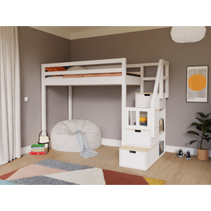 WoodPassion Zvýšená drevená posteľ POSCHODIE s úložnými schodmi 90x200 cm Zvoľte farbu: Biela - Prírodná, Strana: Vpravo