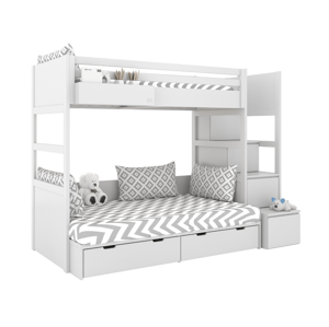 BAMI Biela poschodová posteľ s dvoma lôžkami SIMONE s úložnými schodmi a policou 90x200 cm, 120x200 cm Zvoľte šuplík: Bez šuplíka, Zvoľte stranu: Vľa…