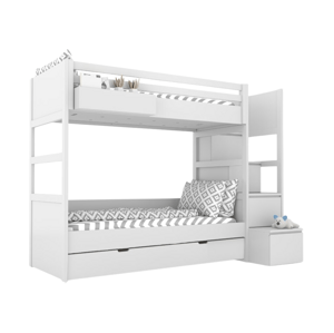 BAMI Biela detská poschodová posteľ SIMONE s úložnými schodmi a policou 90x200 cm Zvoľte šuplík: Bez šuplíka, Zvoľte stranu: Vľavo