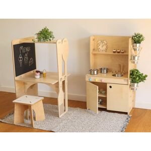 Myminihome Detská drevená kuchynka s vybavením + kuchynský ostrovček s kriedovou tabuľou Zvoľte farbu: Nelakovaná